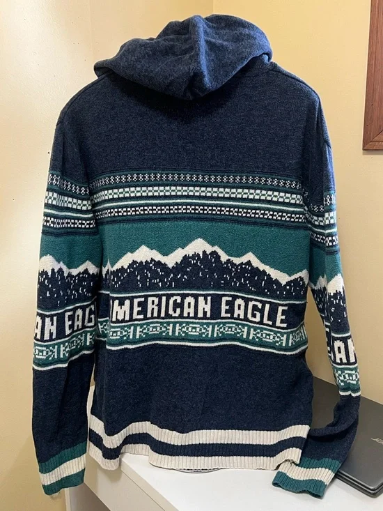 American Eagle Navy Knit Hoodie with Subtle Texture - Picture 2 of 4